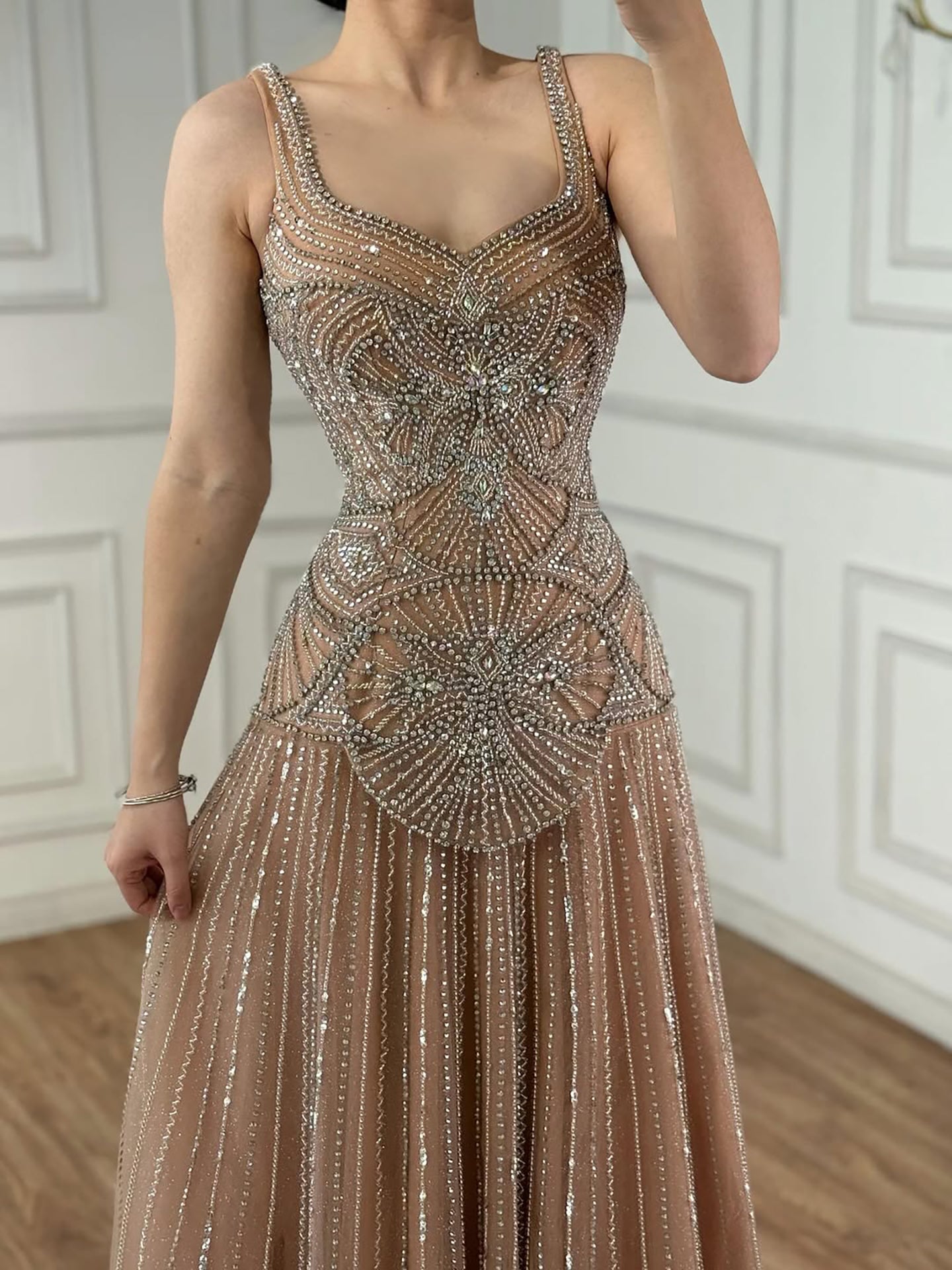 Luxury Nude Spaghetti Strap Beaded A-Line Evening Dress LA73189C - SERENE  HILL
