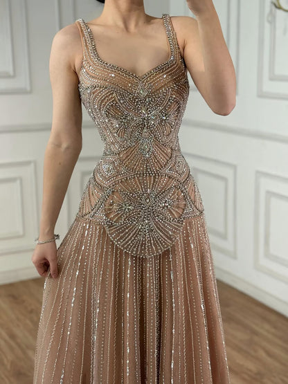 Luxury Nude Spaghetti Strap Beaded A-Line Evening Dress LA73189C - SERENE  HILL