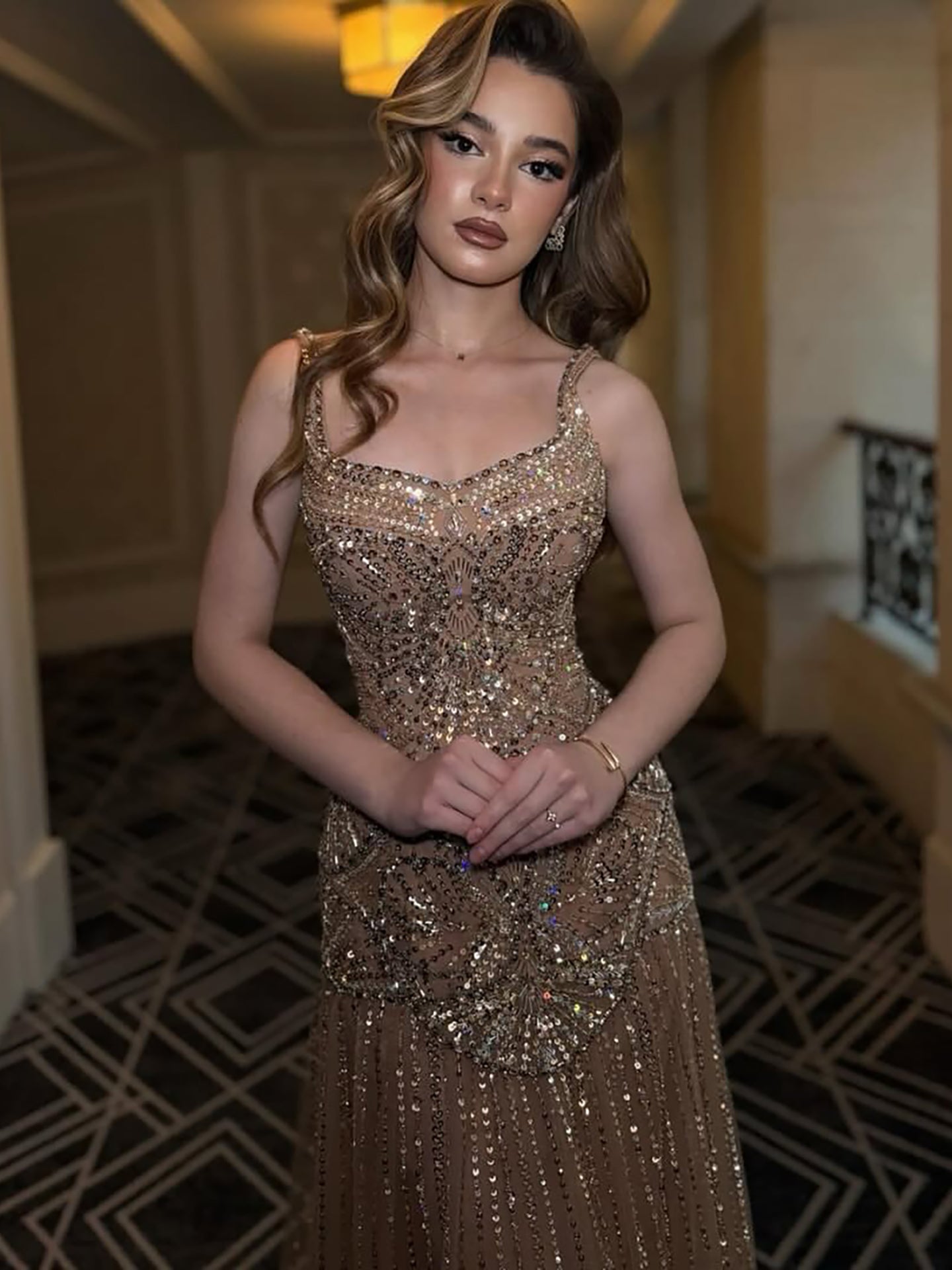 Luxury Nude Spaghetti Strap Beaded A-Line Evening Dress LA73189C