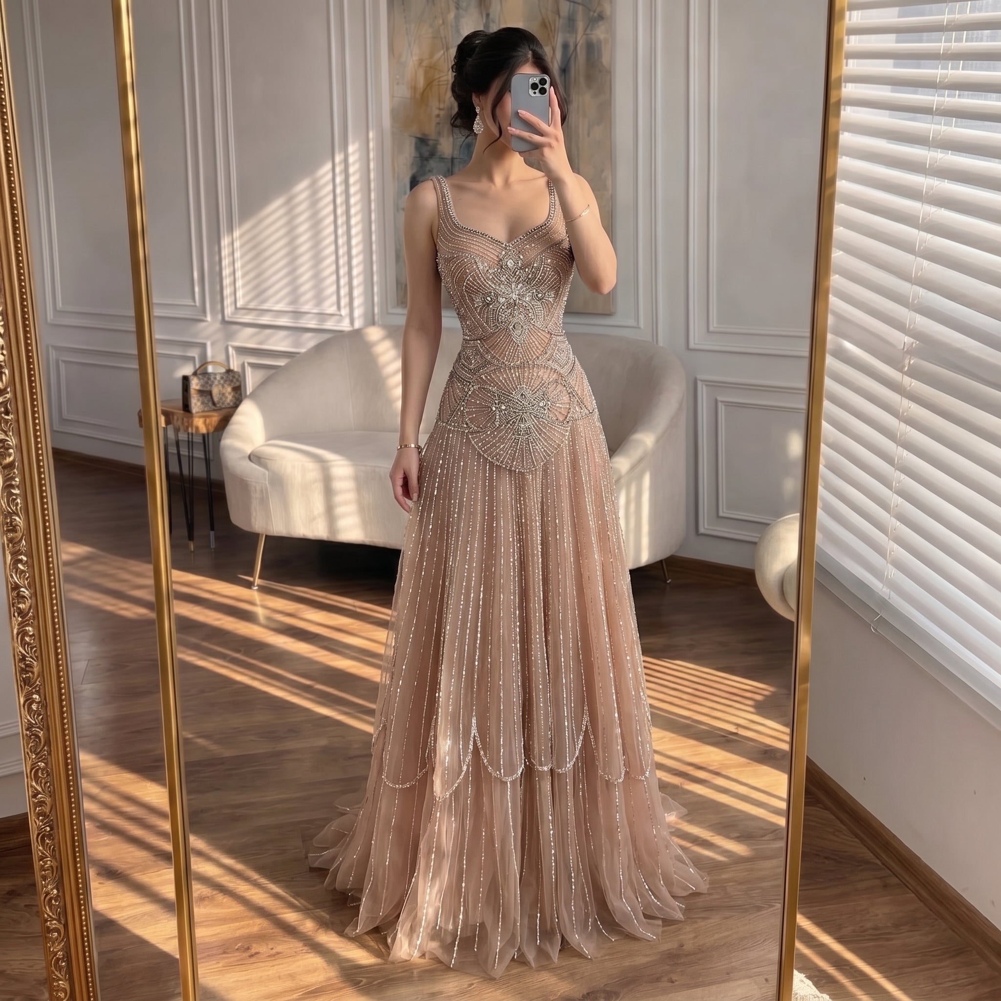 Luxury Nude Spaghetti Strap Beaded A-Line Evening Dress LA73189C