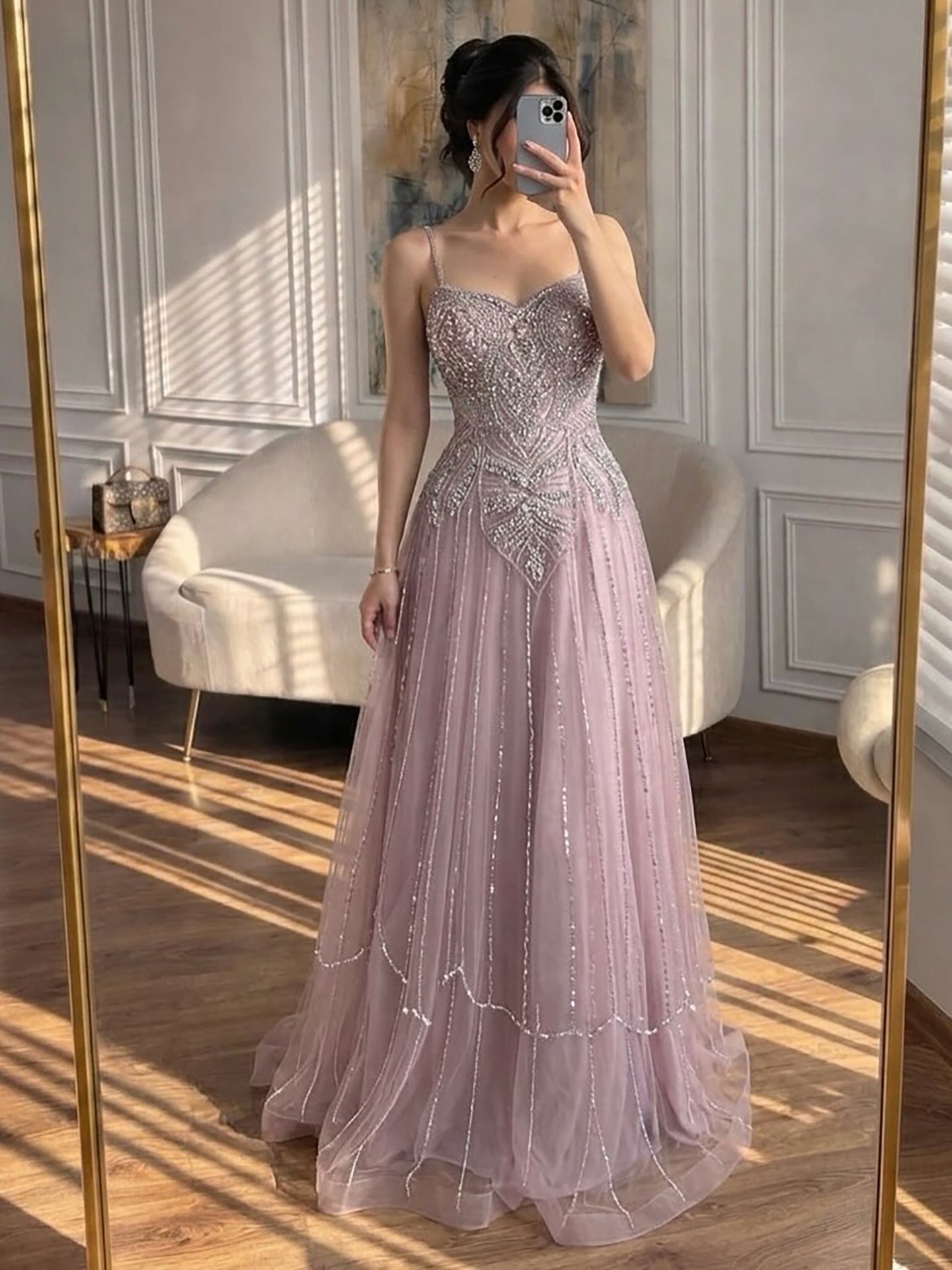 Luxury Nude Beaded A Line Evening Dress Spaghetti Strap LA73189D SERENE HILL