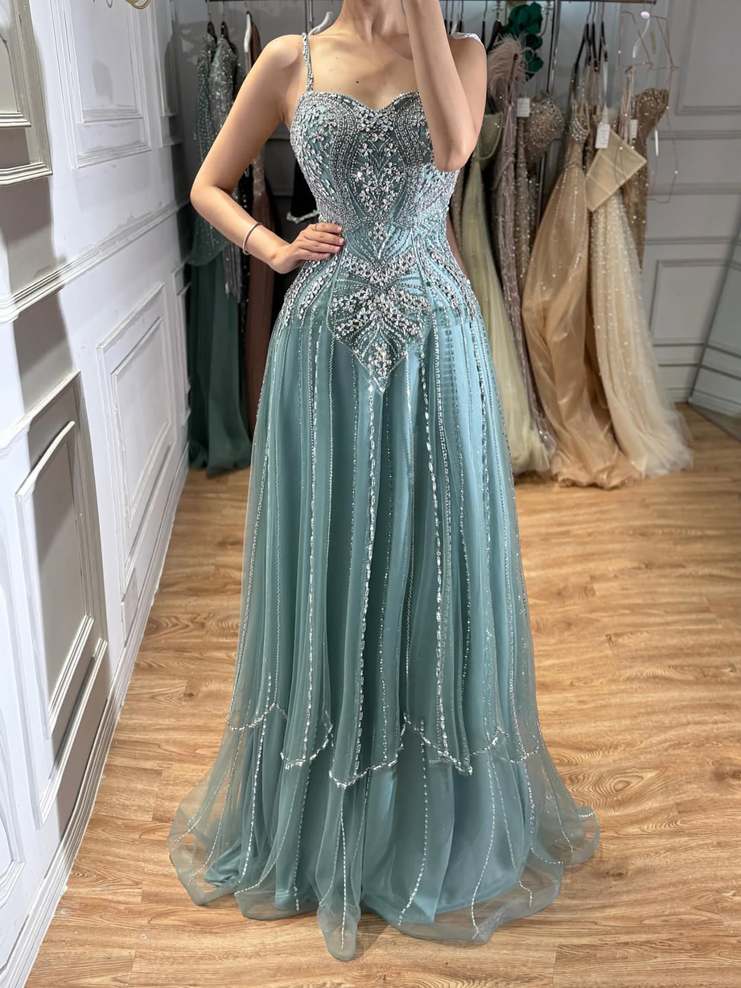 Luxury Nude Beaded A Line Evening Dress Spaghetti Strap LA73189D SERENE HILL
