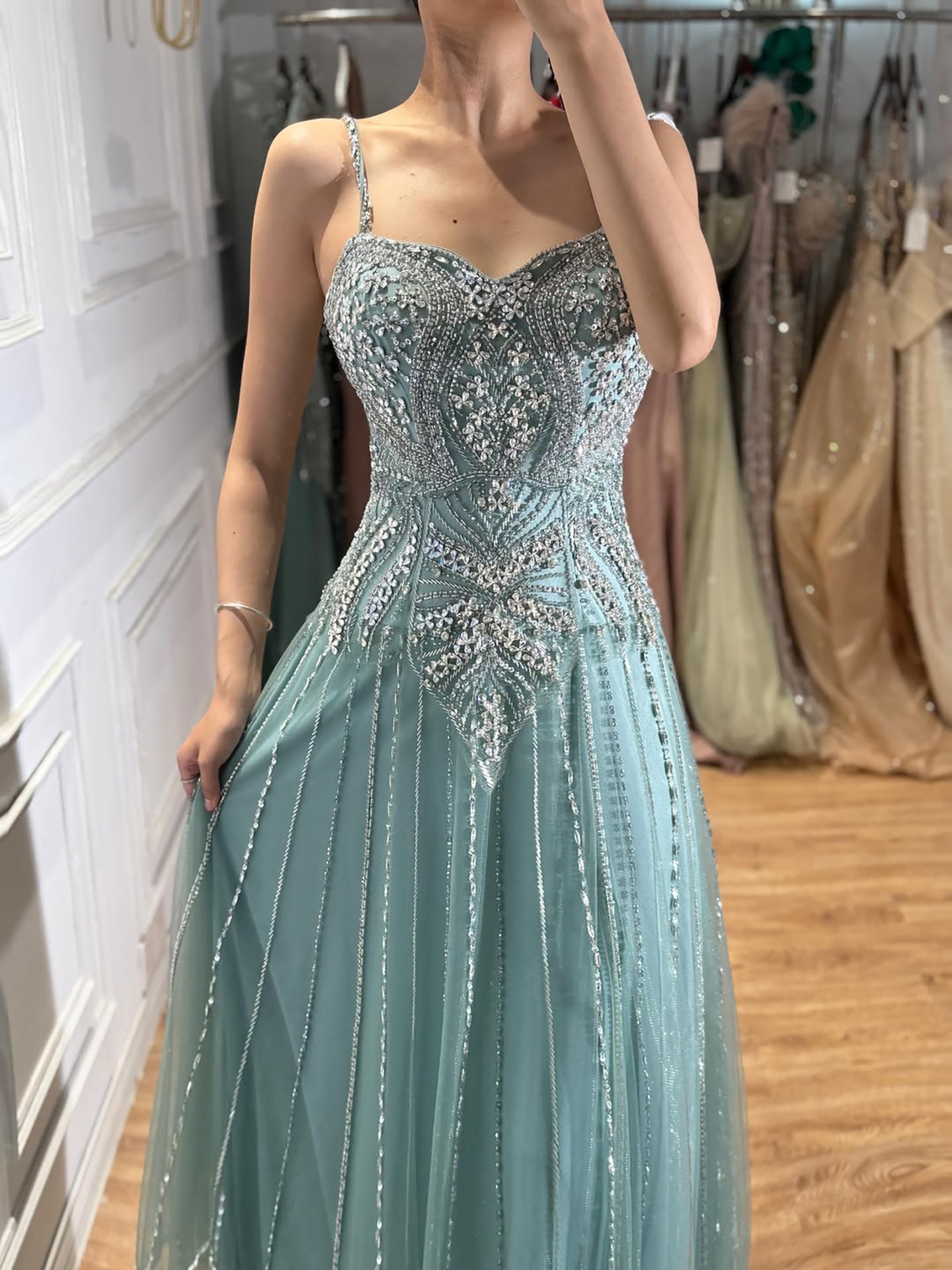 Luxury Nude Beaded A Line Evening Dress Spaghetti Strap LA73189D SERENE HILL