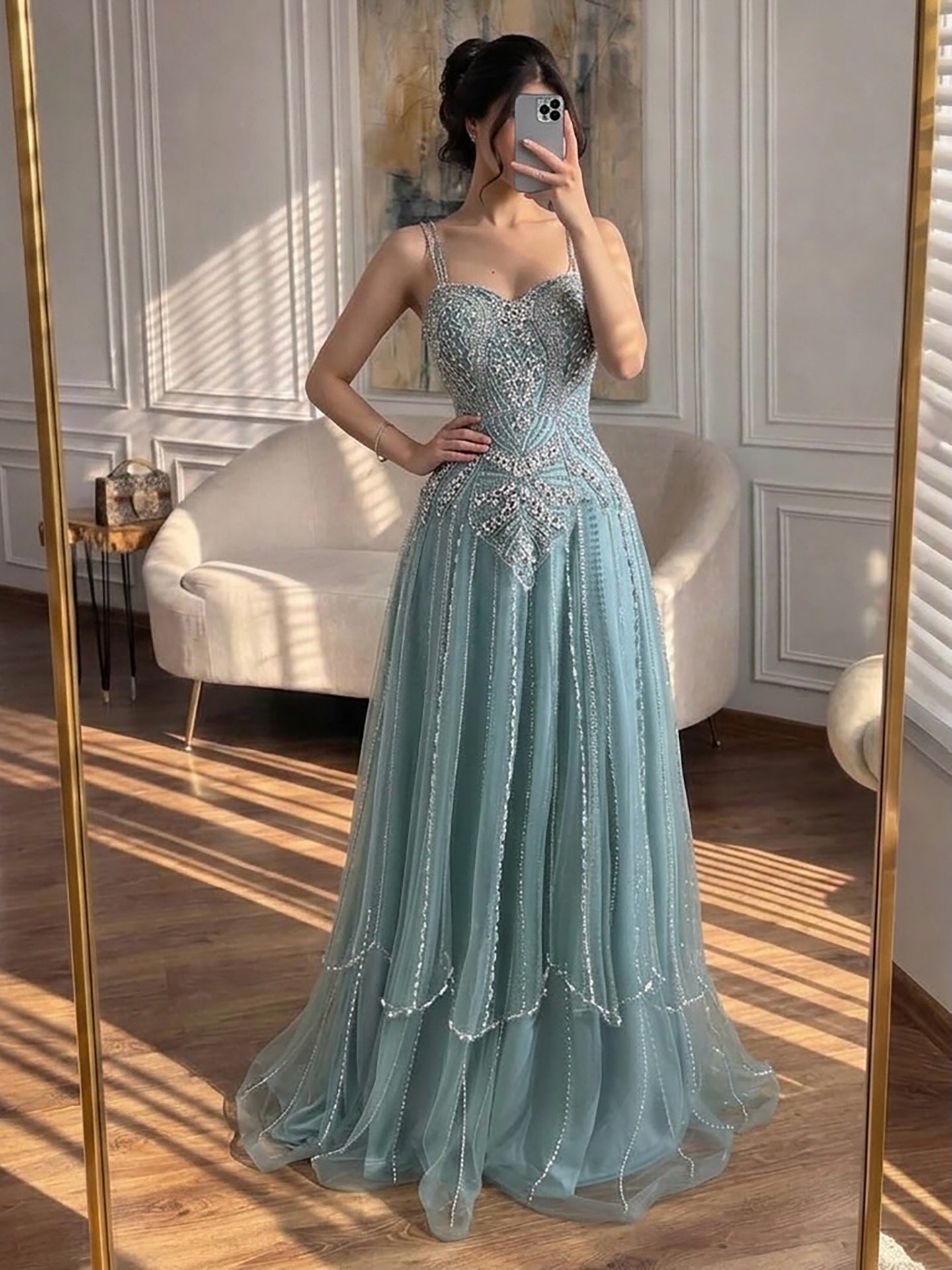 Luxury Nude Beaded A Line Evening Dress Spaghetti Strap LA73189D SERENE HILL