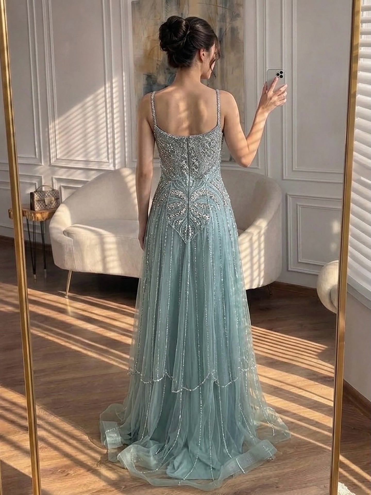 Luxury Nude Beaded A Line Evening Dress Spaghetti Strap LA73189D SERENE HILL