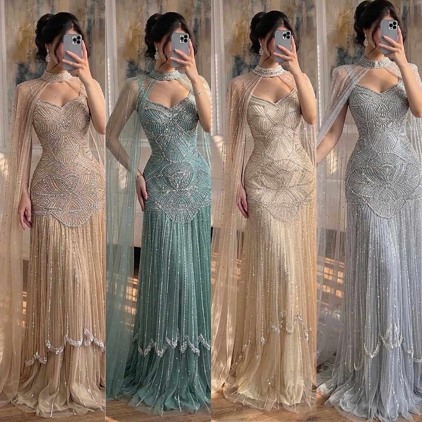 Luxury Gold Beaded Mermaid Evening Dress with Cape LA73189E SERENE HILL