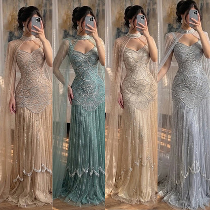 Luxury Gold Beaded Mermaid Evening Dress with Cape LA73189E SERENE HILL