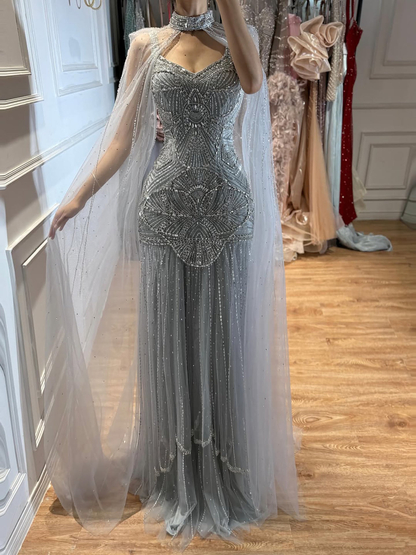 Luxury Nude Beaded Mermaid Evening Dress with Cape LA73189E SERENE HILL