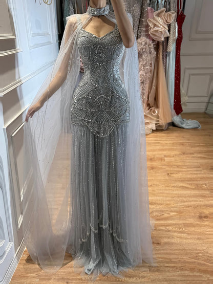 Luxury Nude Beaded Mermaid Evening Dress with Cape LA73189E SERENE HILL