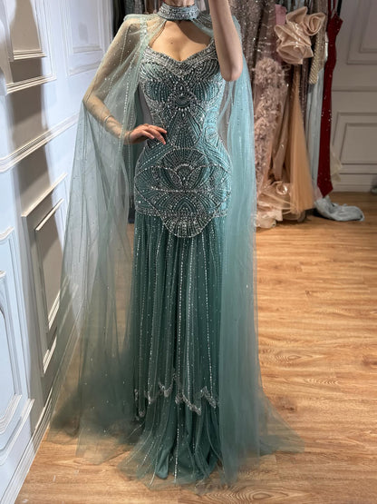 Luxury Nude Beaded Mermaid Evening Dress with Cape LA73189E SERENE HILL