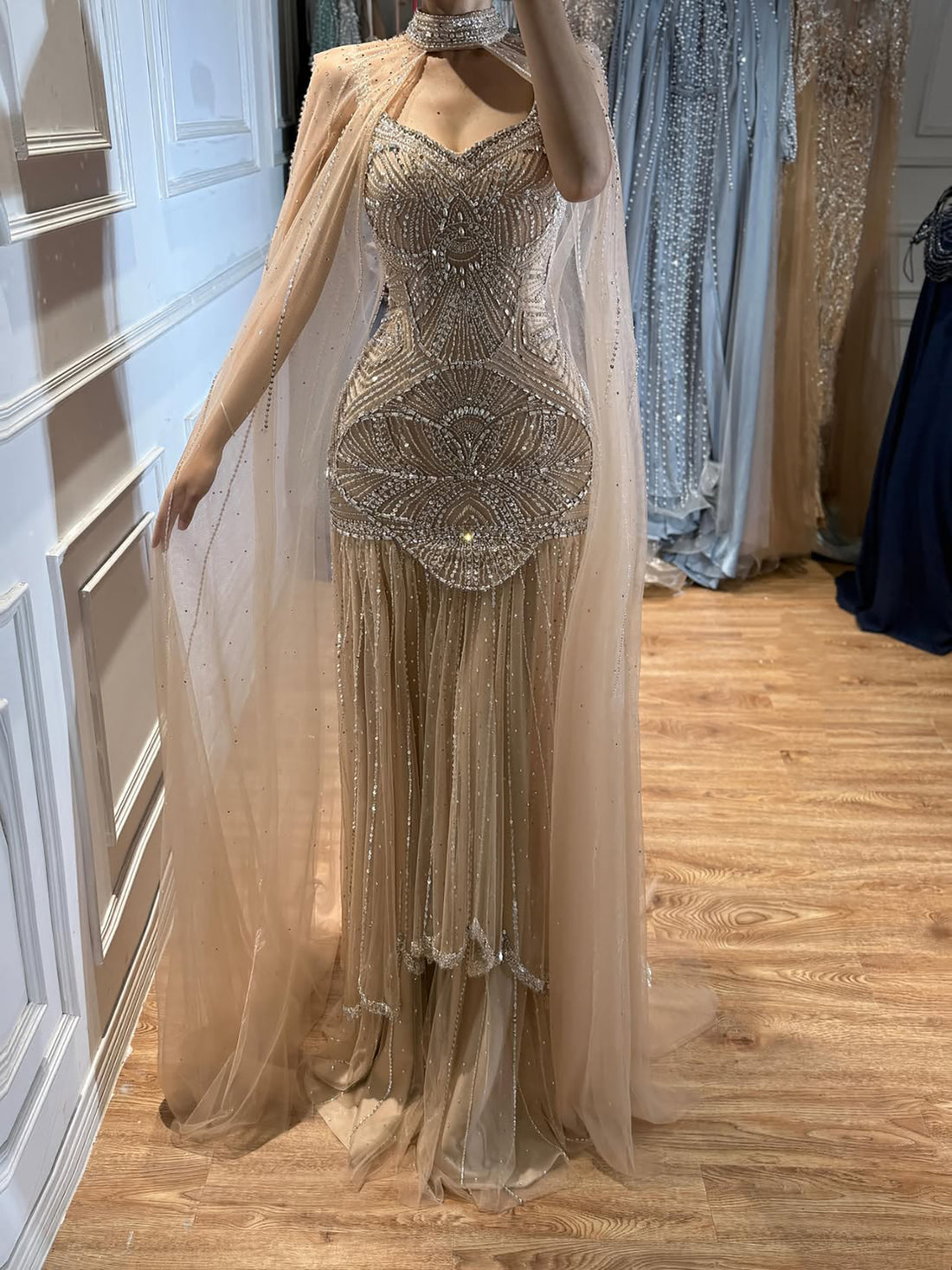 Luxury Gold Beaded Mermaid Evening Dress with Cape LA73189E SERENE HILL