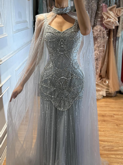 Luxury Nude Beaded Mermaid Evening Dress with Cape LA73189E SERENE HILL