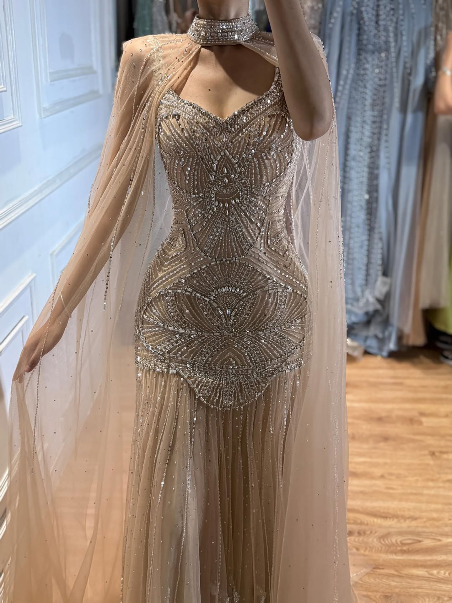 Luxury Gold Beaded Mermaid Evening Dress with Cape LA73189E SERENE HILL