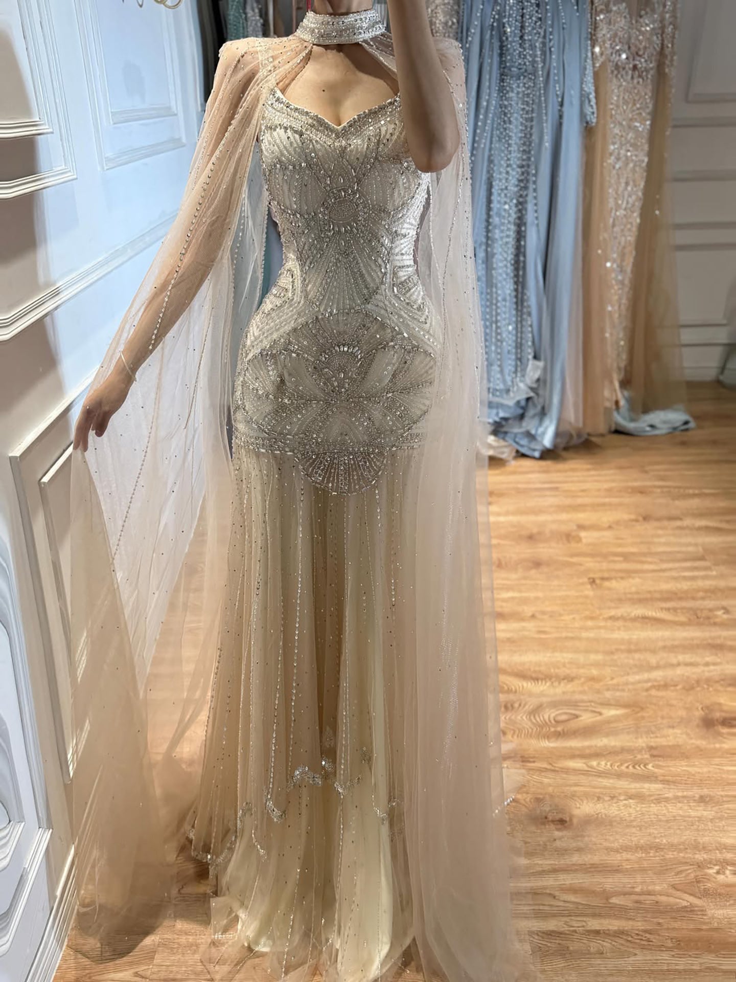 Luxury Nude Beaded Mermaid Evening Dress with Cape LA73189E SERENE HILL