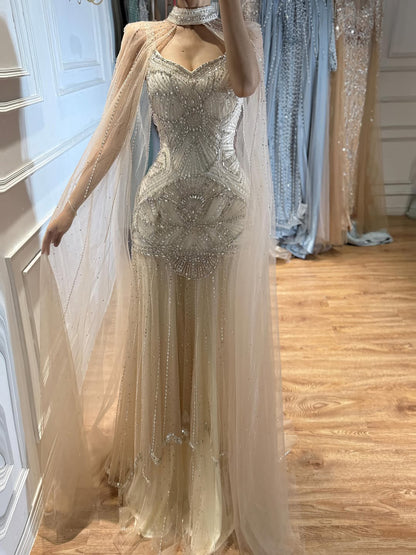 Luxury Nude Beaded Mermaid Evening Dress with Cape LA73189E SERENE HILL