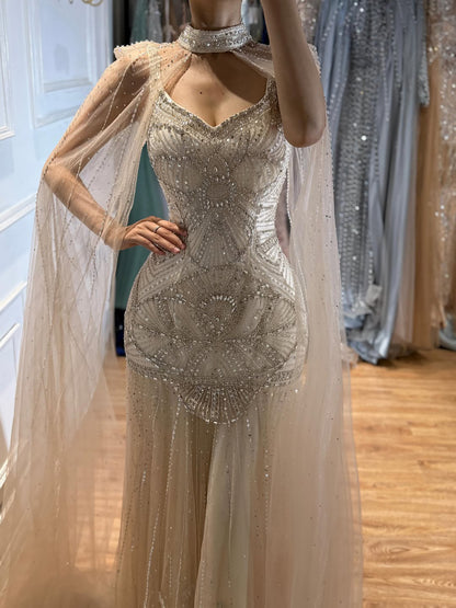 Luxury Nude Beaded Mermaid Evening Dress with Cape LA73189E SERENE HILL