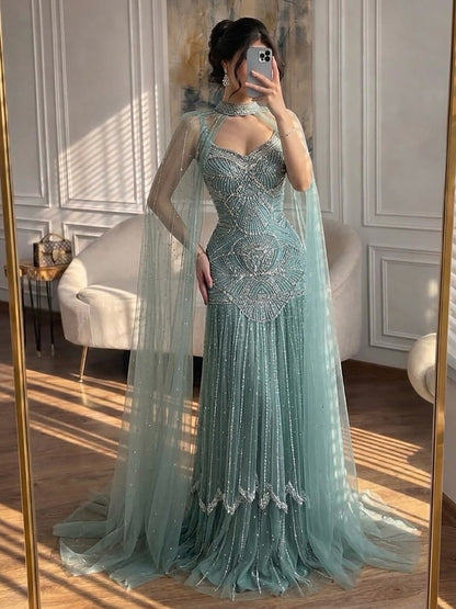 Luxury Nude Beaded Mermaid Evening Dress with Cape LA73189E SERENE HILL