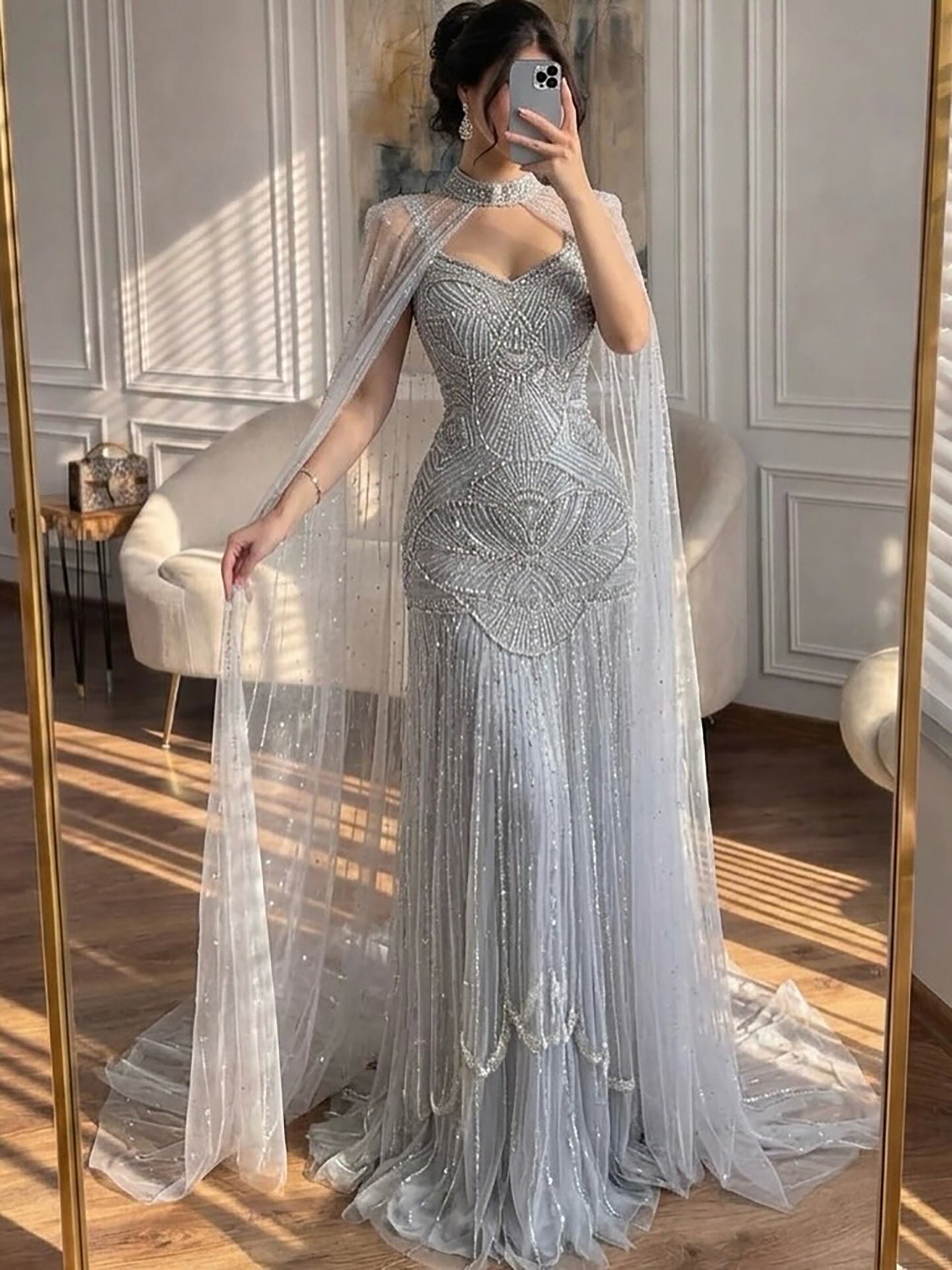 Luxury Nude Beaded Mermaid Evening Dress with Cape LA73189E SERENE HILL