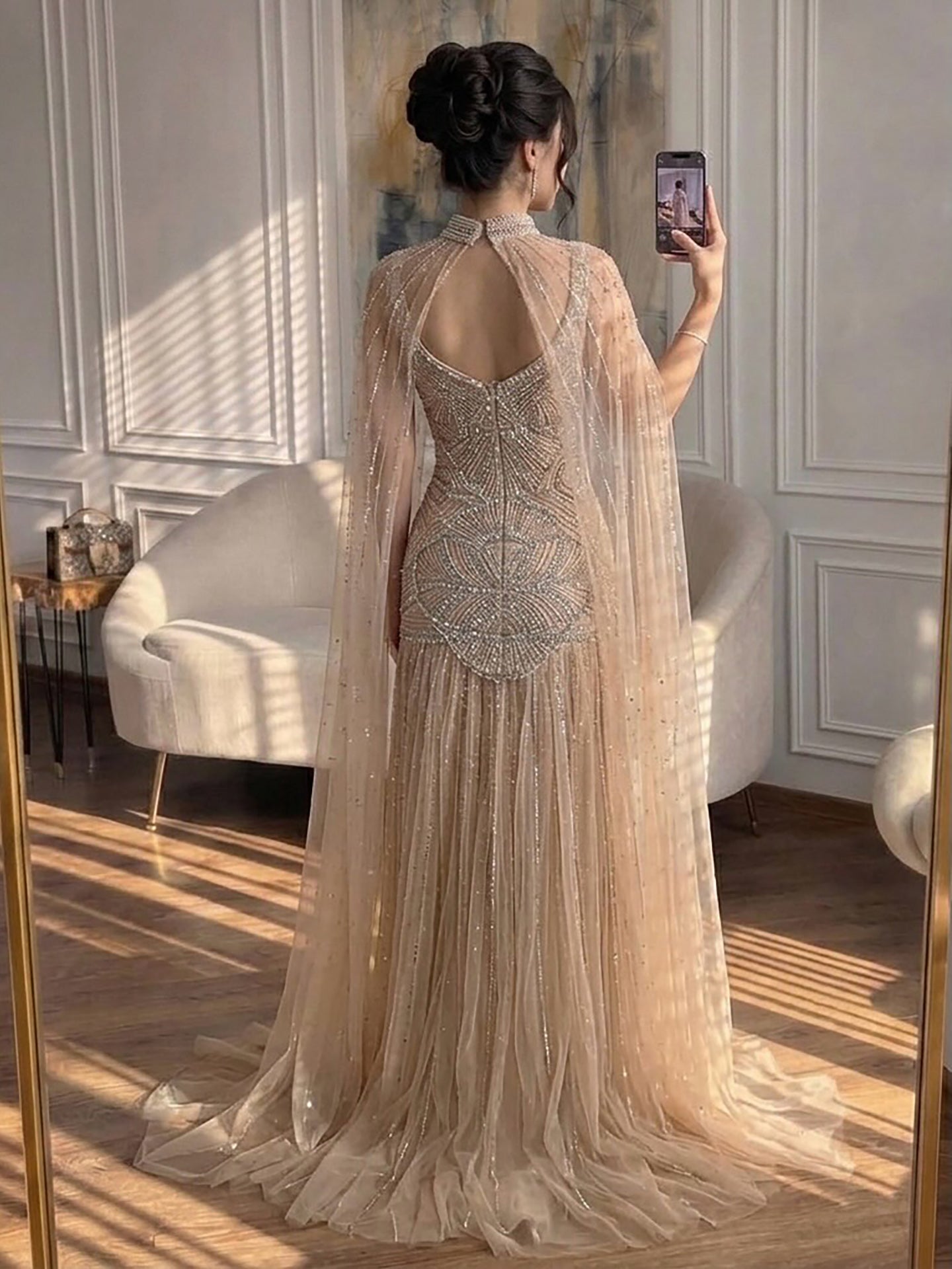 Luxury Gold Beaded Mermaid Evening Dress with Cape LA73189E SERENE HILL