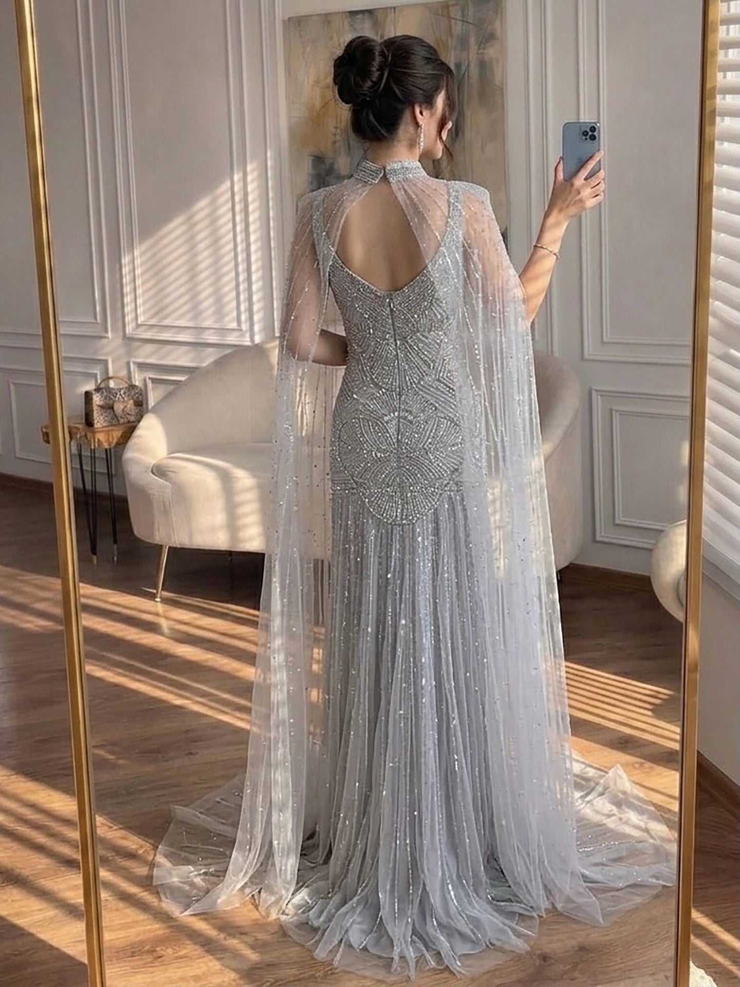 Luxury Nude Beaded Mermaid Evening Dress with Cape LA73189E SERENE HILL