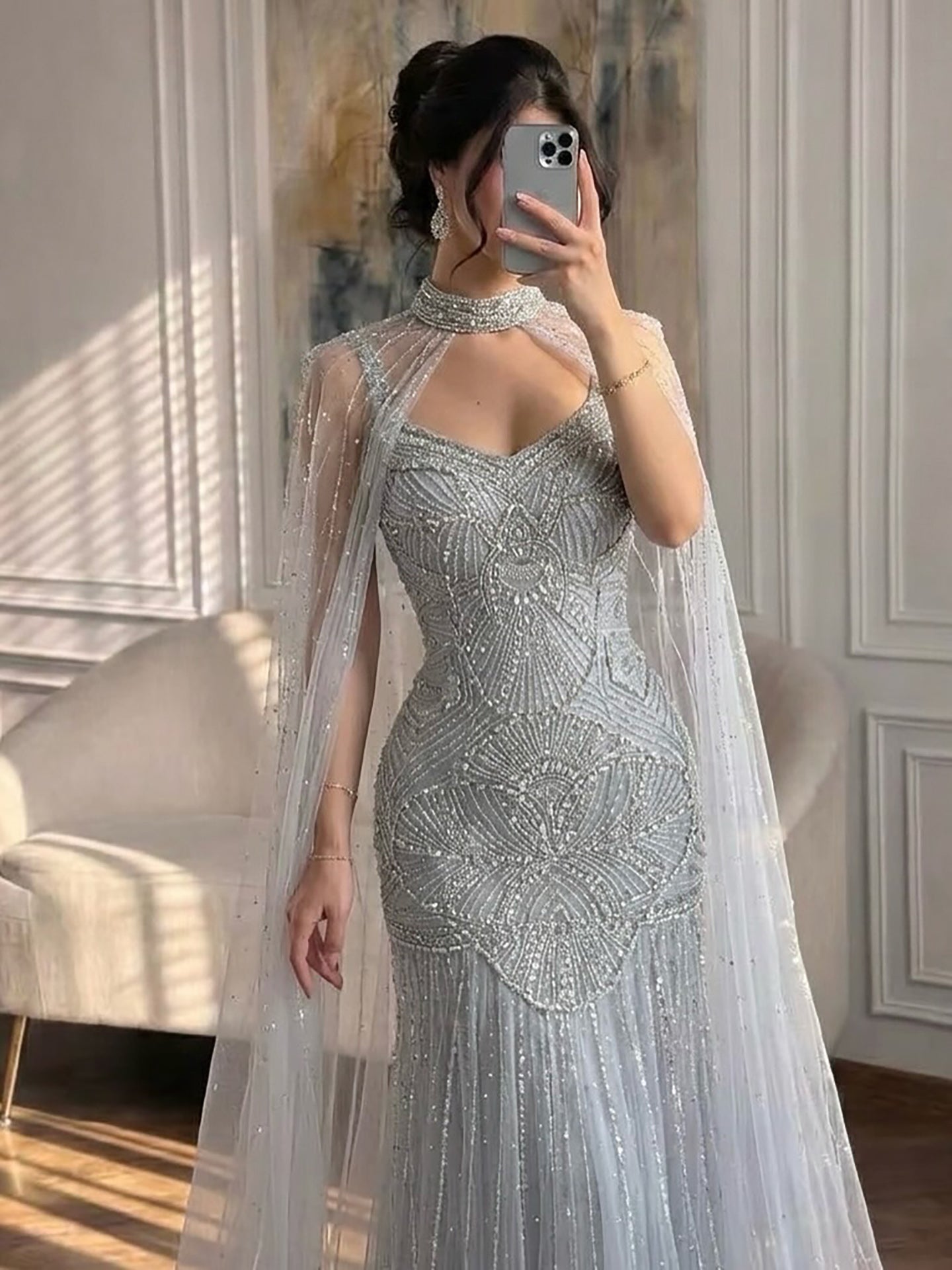 Luxury Nude Beaded Mermaid Evening Dress with Cape LA73189E SERENE HILL