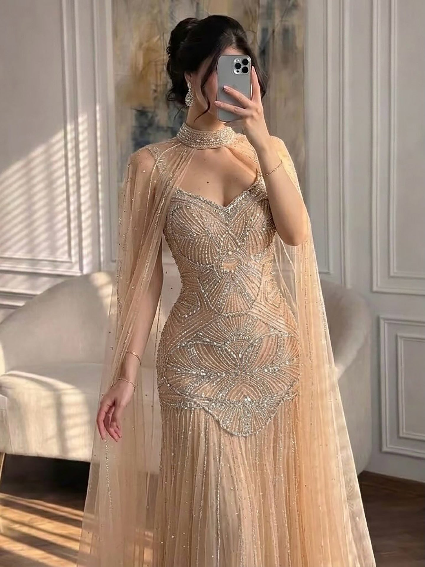 Luxury Gold Beaded Mermaid Evening Dress with Cape LA73189E SERENE HILL