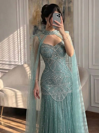 Luxury Nude Beaded Mermaid Evening Dress with Cape LA73189E SERENE HILL