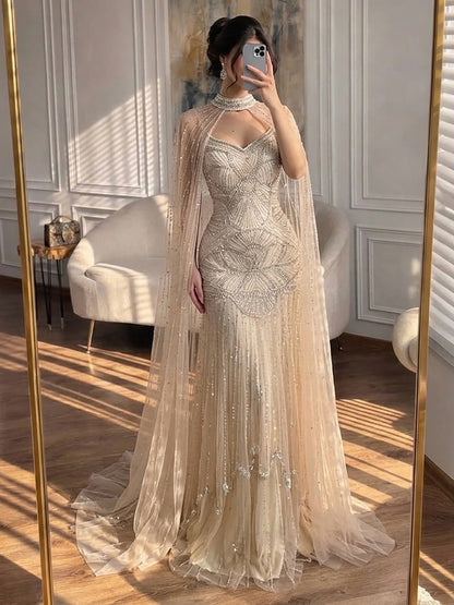 Luxury Nude Beaded Mermaid Evening Dress with Cape LA73189E SERENE HILL
