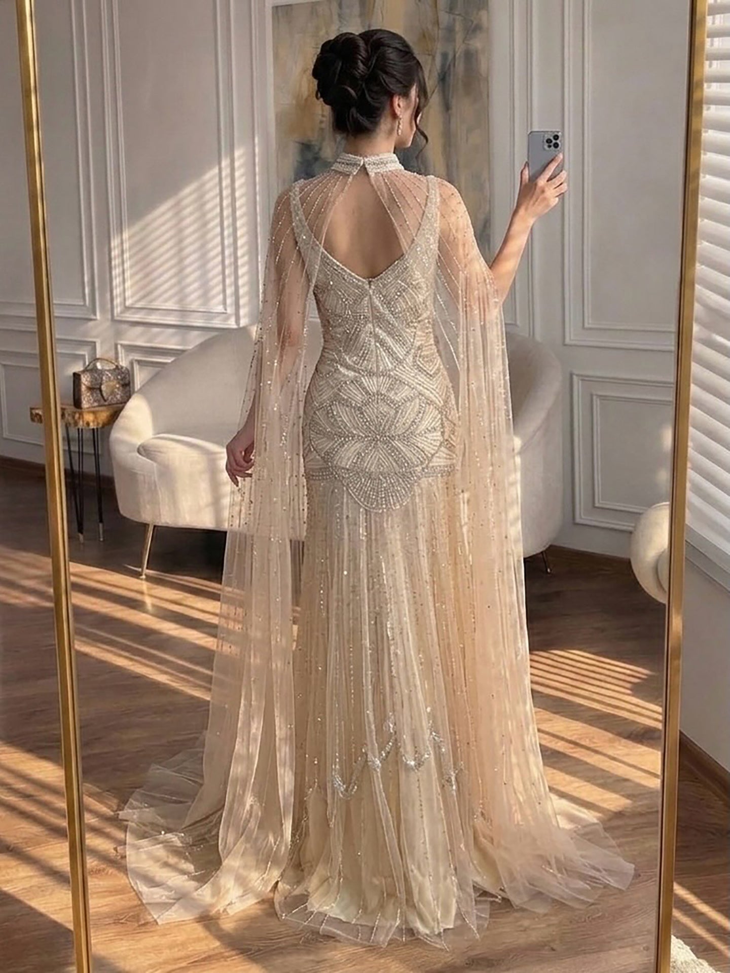 Luxury Nude Beaded Mermaid Evening Dress with Cape LA73189E SERENE HILL