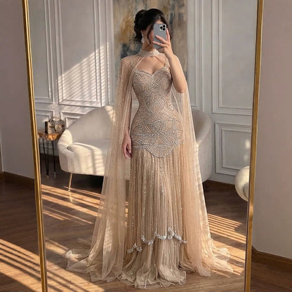 Luxury Gold Beaded Mermaid Evening Dress with Cape LA73189E SERENE HILL