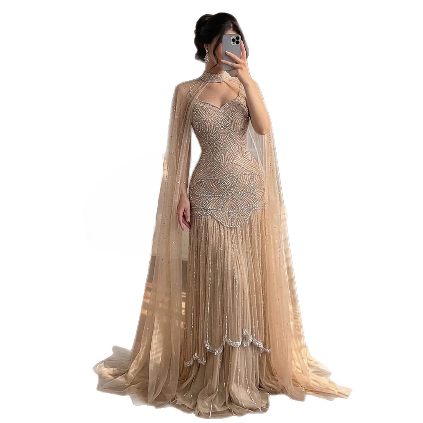 Luxury Gold Beaded Mermaid Evening Dress with Cape LA73189E SERENE HILL