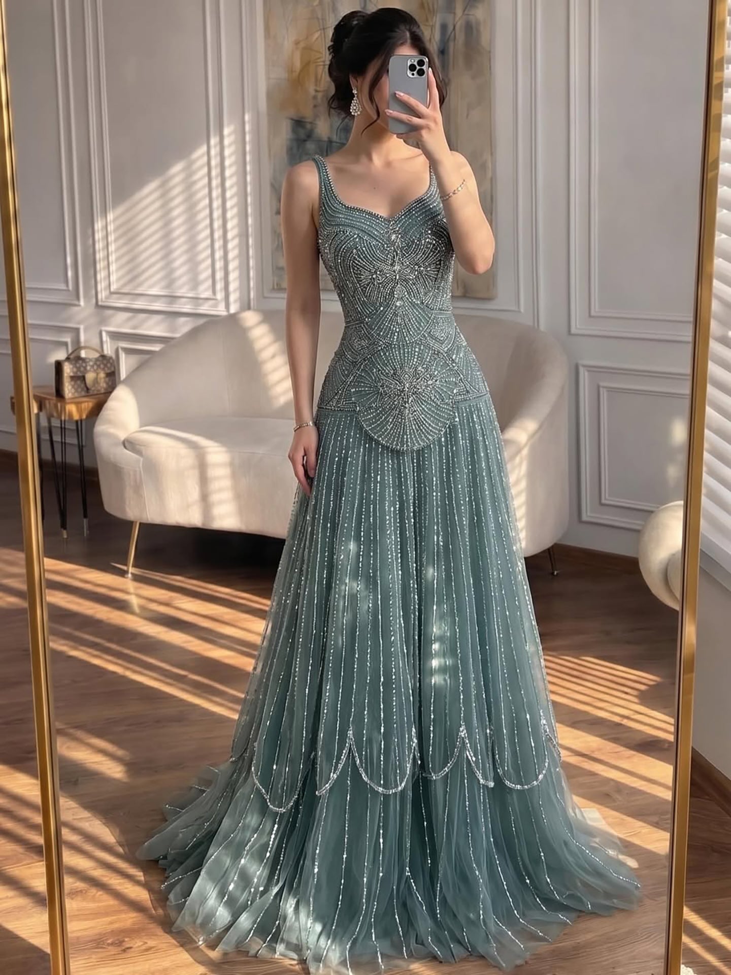 Luxury Nude Spaghetti Strap Beaded A-Line Evening Dress LA73189C