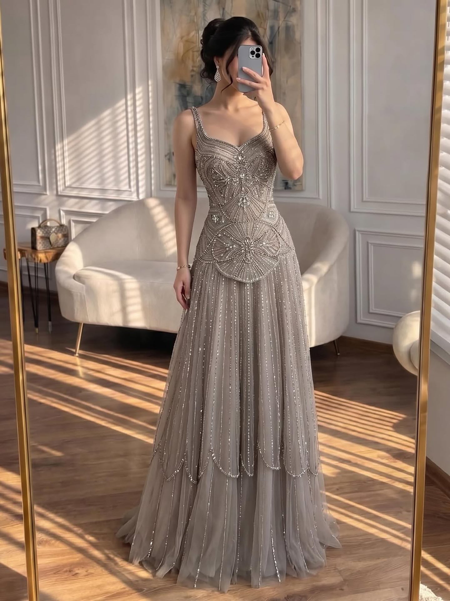 Luxury Nude Spaghetti Strap Beaded A-Line Evening Dress LA73189C