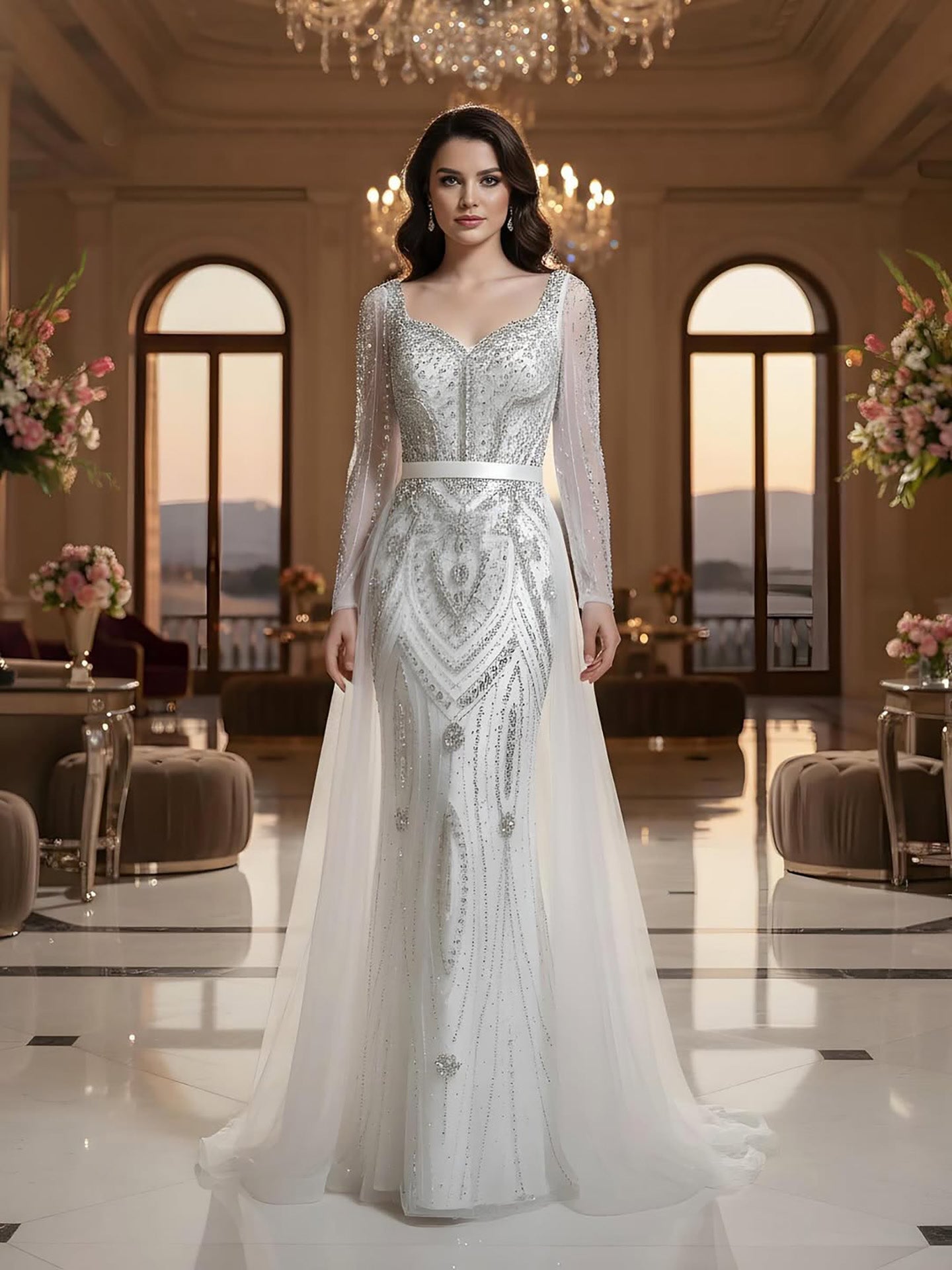 Luxury Nude Beaded Mermaid Evening Dress with Overskirt LA73190 - SERENE  HILL