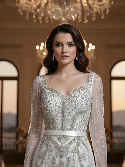 Luxury Nude Beaded Mermaid Evening Dress with Overskirt LA73190 - SERENE  HILL