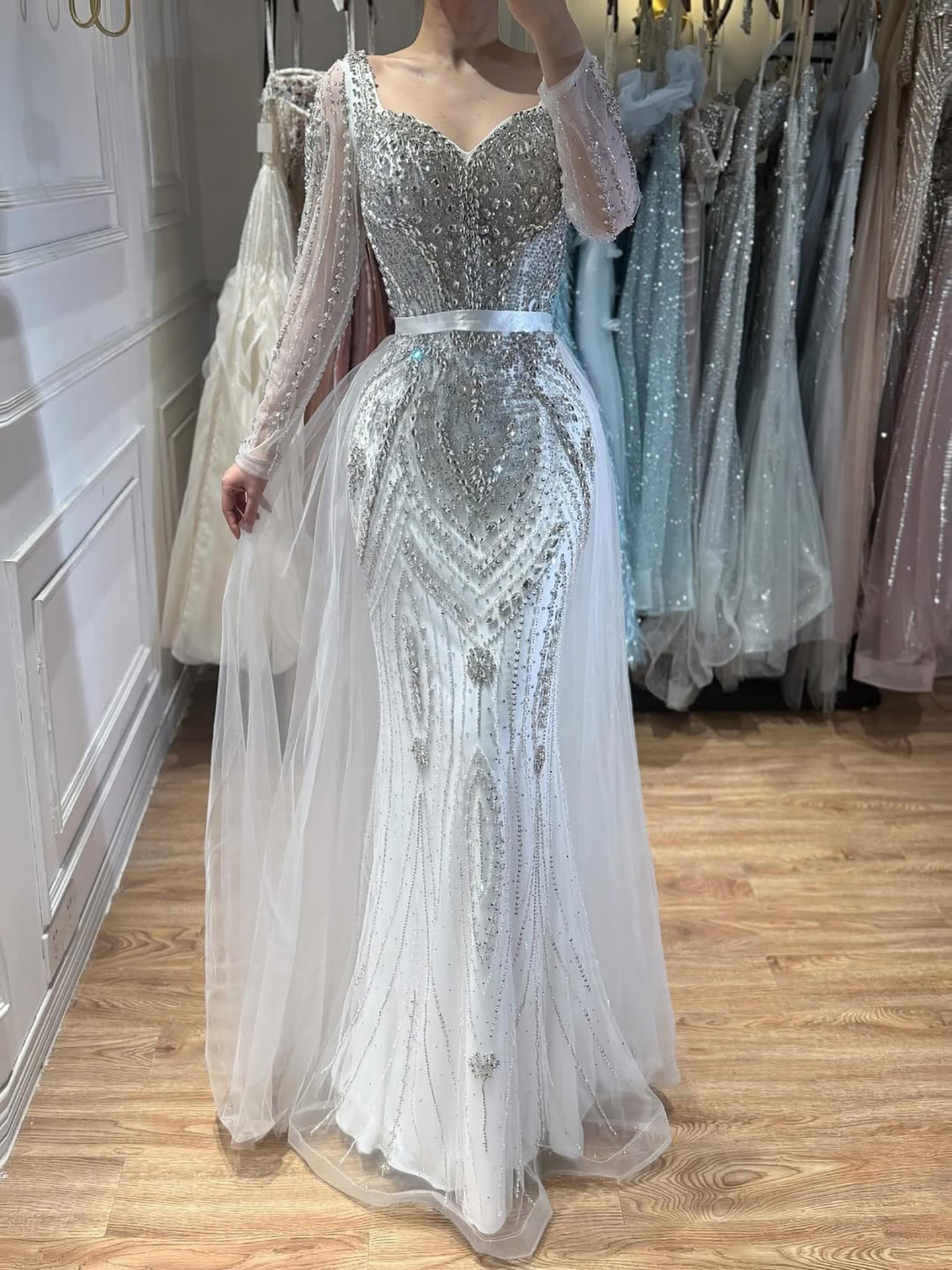 Luxury Nude Beaded Mermaid Evening Dress with Overskirt LA73190 - SERENE  HILL