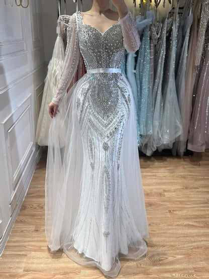 Luxury Nude Beaded Mermaid Evening Dress with Overskirt LA73190 - SERENE  HILL