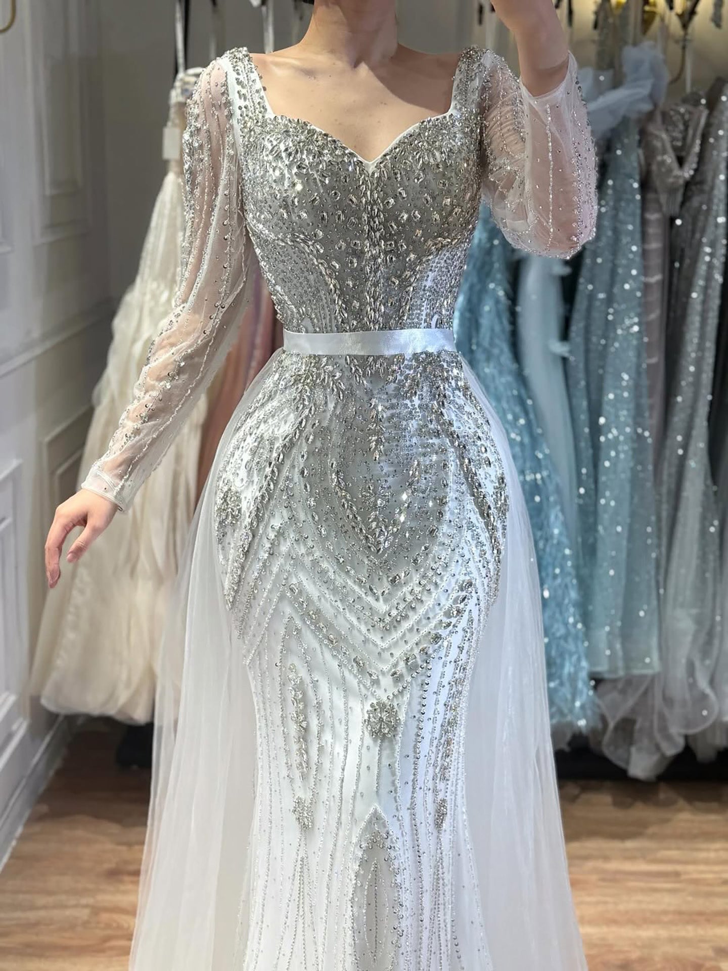 Luxury Nude Beaded Mermaid Evening Dress with Overskirt LA73190 - SERENE  HILL