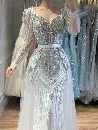 Luxury Nude Beaded Mermaid Evening Dress with Overskirt LA73190 - SERENE  HILL