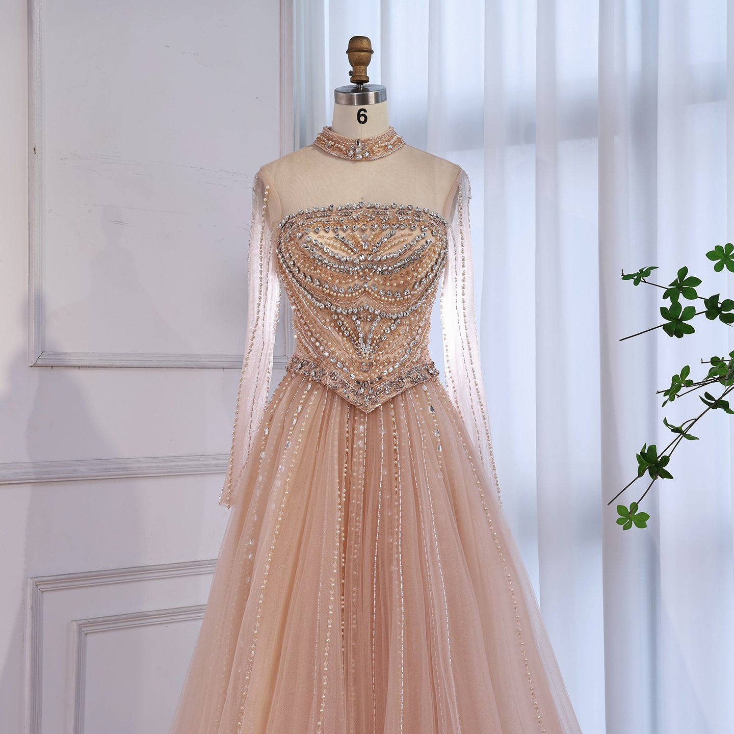 Luxury Nude Crystal Beaded A Line Long Sleeve Evening Dress LA73192 Nude / 6 Luxury Nude Crystal Beaded A Line Long Sleeve Evening Dress LA73192 Nude / 6
