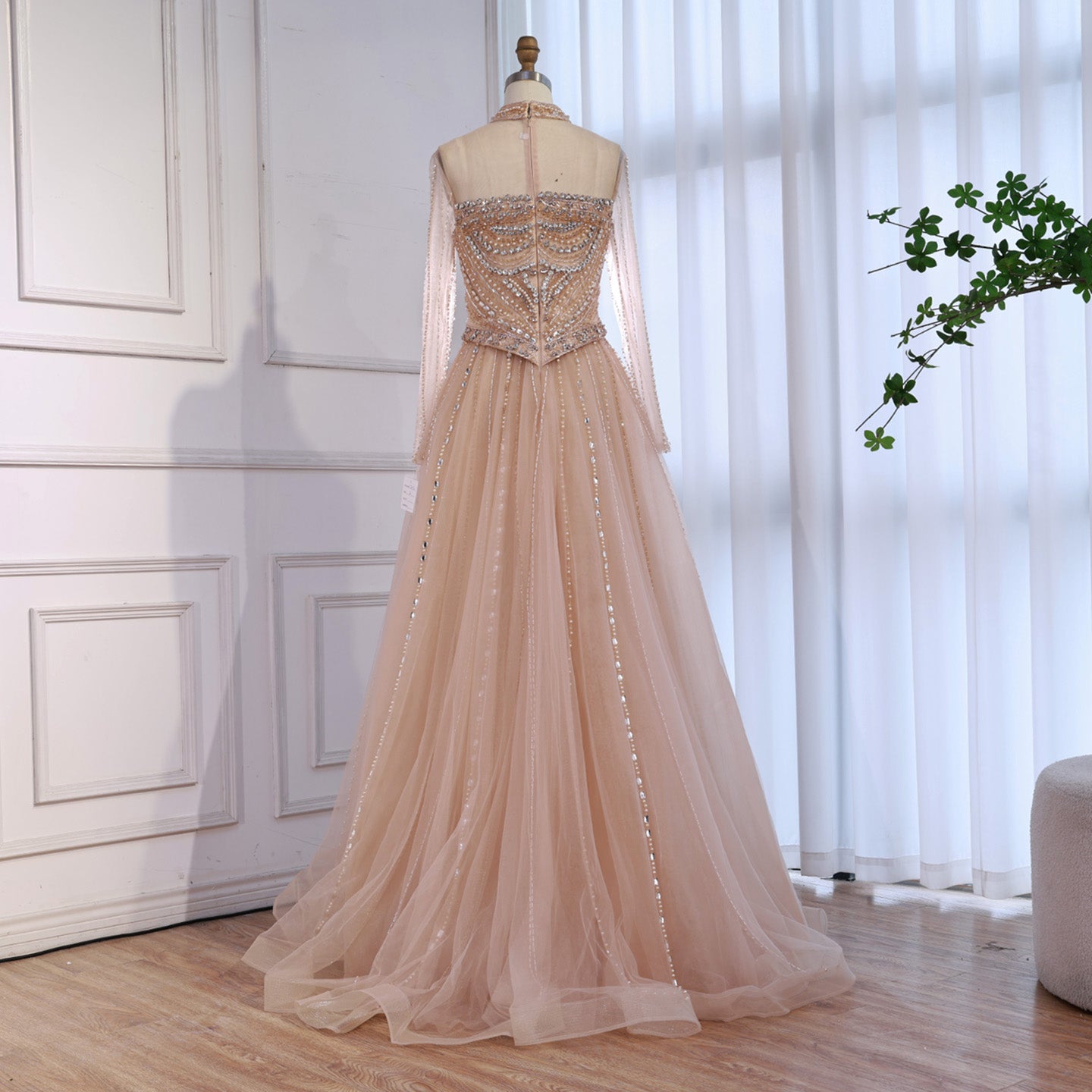 Luxury Nude Crystal Beaded A Line Long Sleeve Evening Dress LA73192 Blue / 2