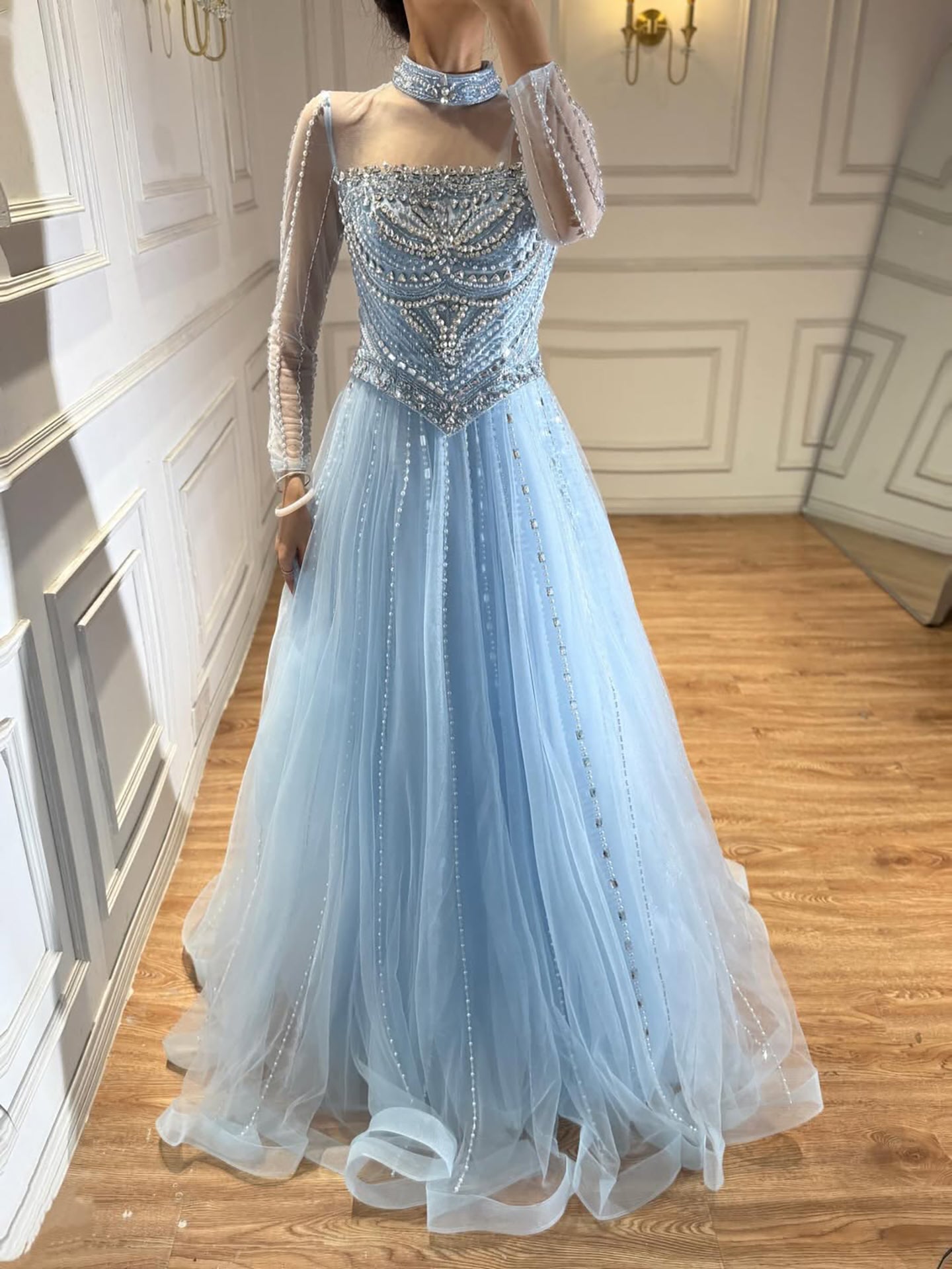 Luxury Nude Crystal Beaded A Line Long Sleeve Evening Dress LA73192
