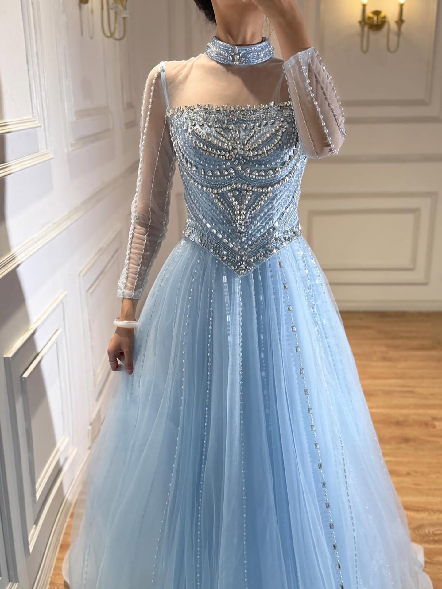 Luxury Nude Crystal Beaded A Line Long Sleeve Evening Dress LA73192