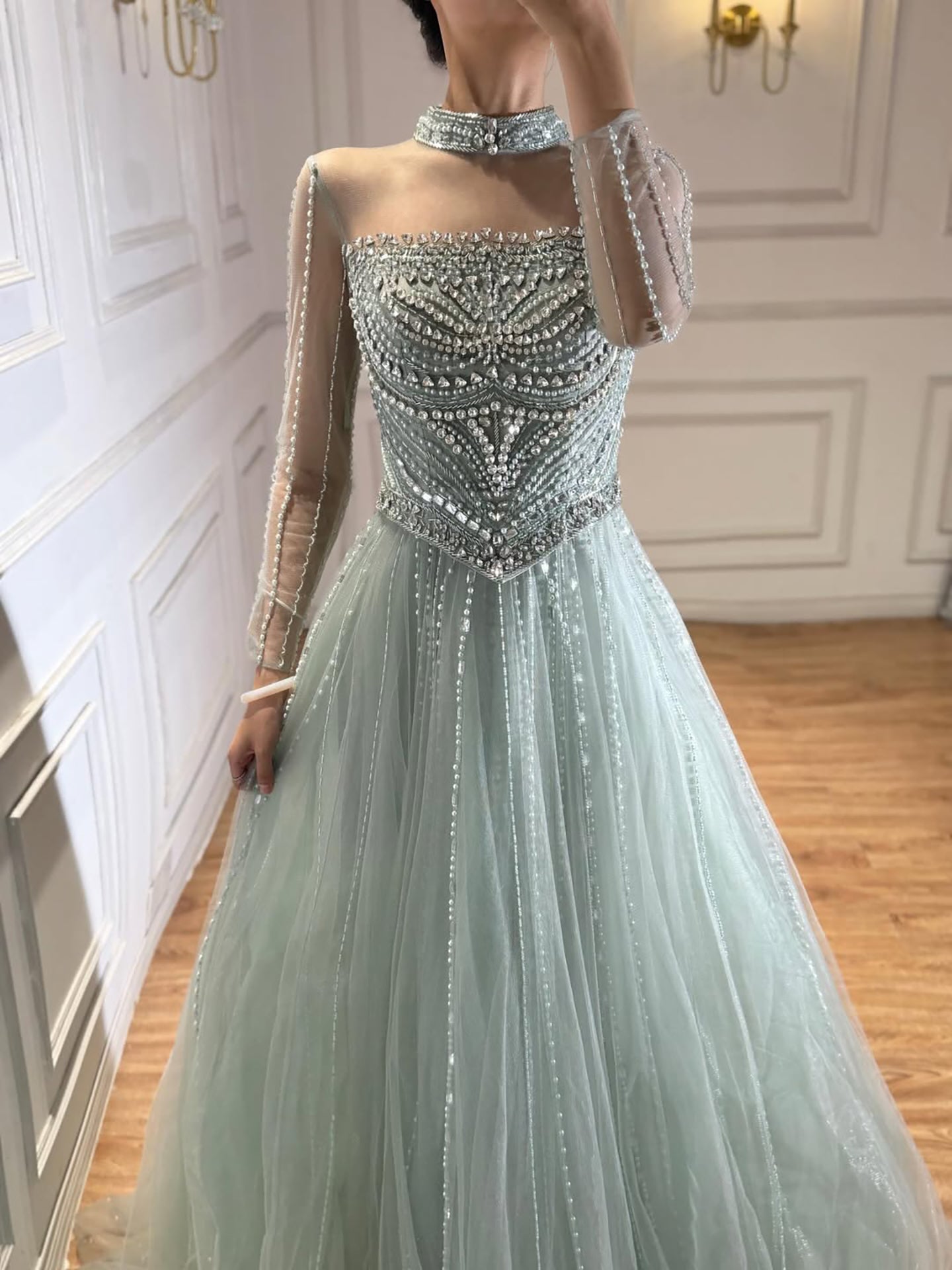 Luxury Nude Crystal Beaded A Line Long Sleeve Evening Dress LA73192 Blue / 2