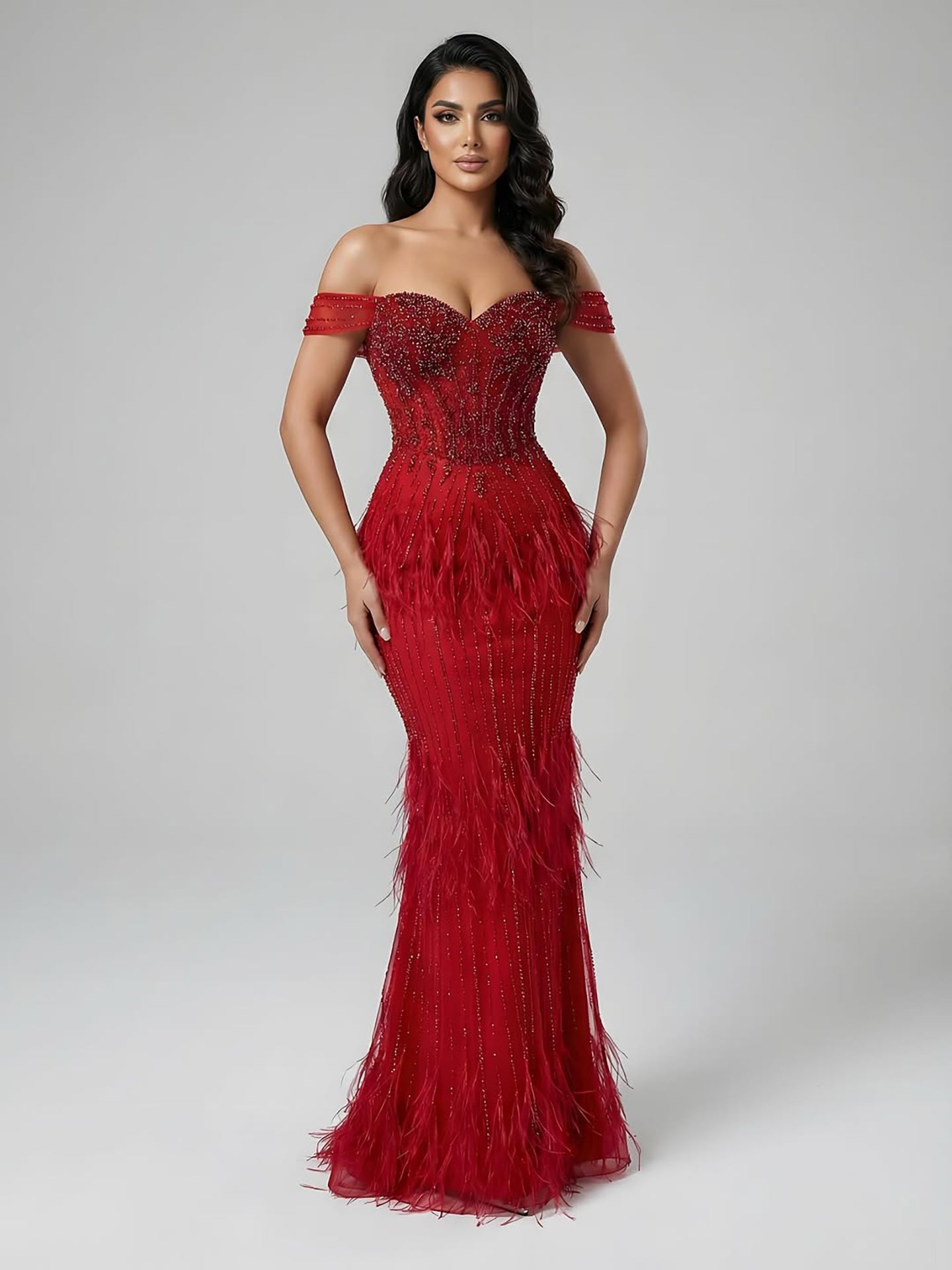 Luxury Caramel Off Shoulder Beaded Feather Mermaid Evening Dress LA73193A SERENE HILL