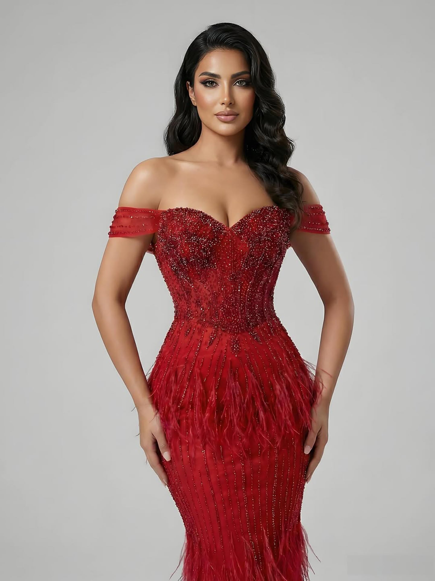 Luxury Caramel Off Shoulder Beaded Feather Mermaid Evening Dress LA73193A SERENE HILL