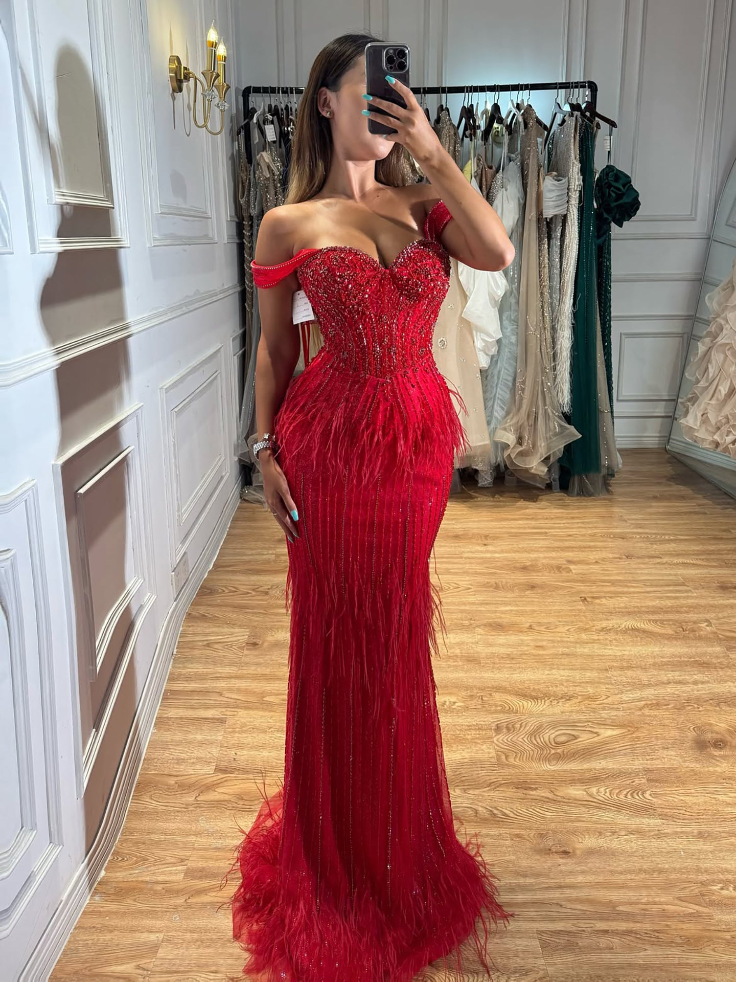 Luxury Caramel Off Shoulder Beaded Feather Mermaid Evening Dress LA73193 SERENE HILL