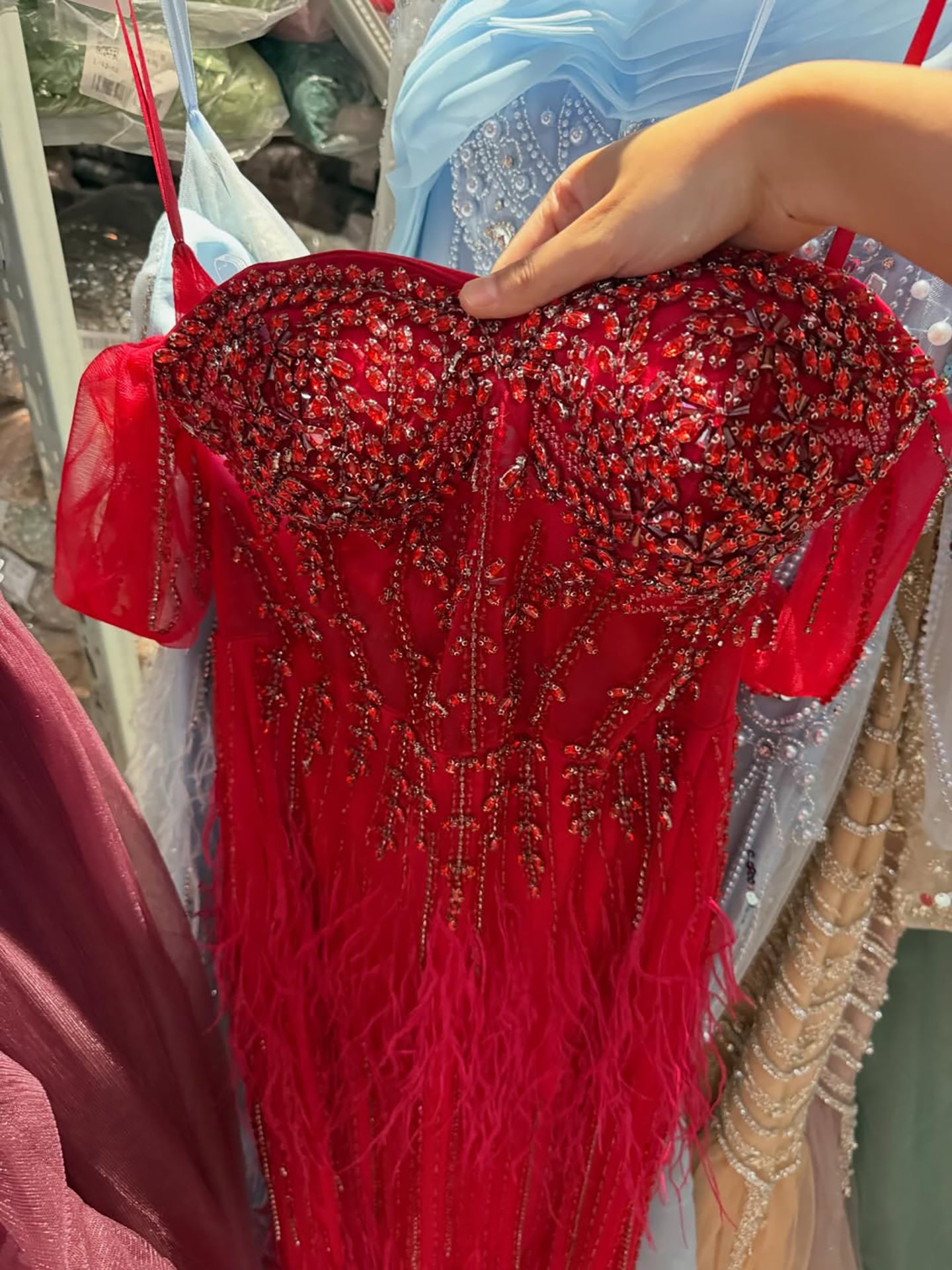 Luxury Caramel Off Shoulder Beaded Feather Mermaid Evening Dress LA73193A SERENE HILL