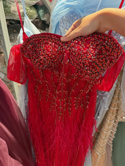 Luxury Caramel Off Shoulder Beaded Feather Mermaid Evening Dress LA73193A SERENE HILL