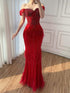 Luxury Caramel Off Shoulder Beaded Feather Mermaid Evening Dress LA73193A SERENE HILL
